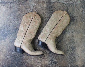 Ecru Leather Cowboy BOOTS / Vintage Size 7 Women's Shoes / Vintage ...