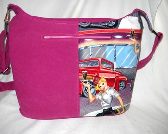 Nightwingcreations Original Design, "Ashley Bag", Cross Body, Bucket Bag, Hand-Made Fabric Purse, Alexander Henry "Phil's Drive-In" Fabric