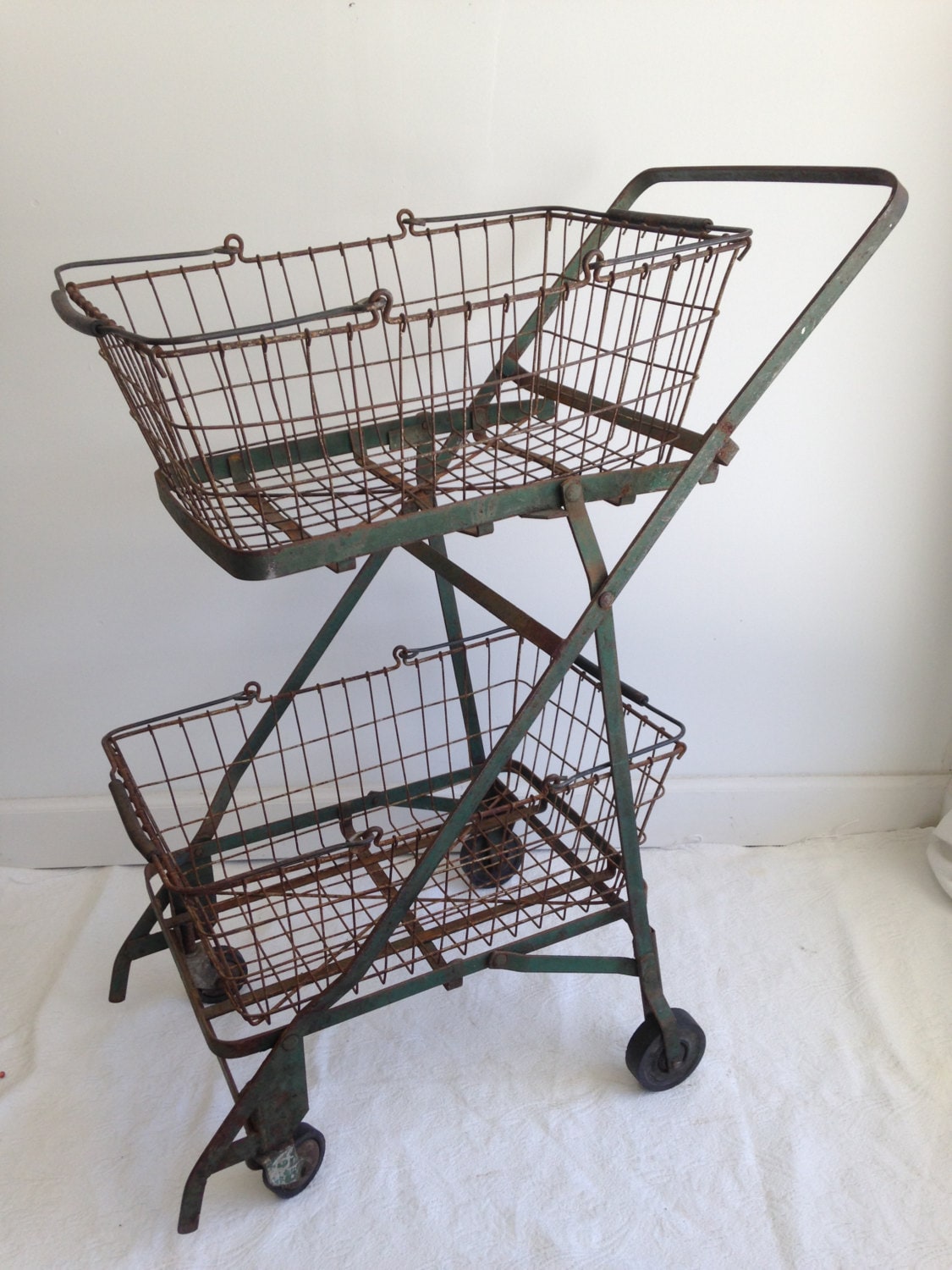 Vintage Metal Grocery Cart Folding Basket Carrier