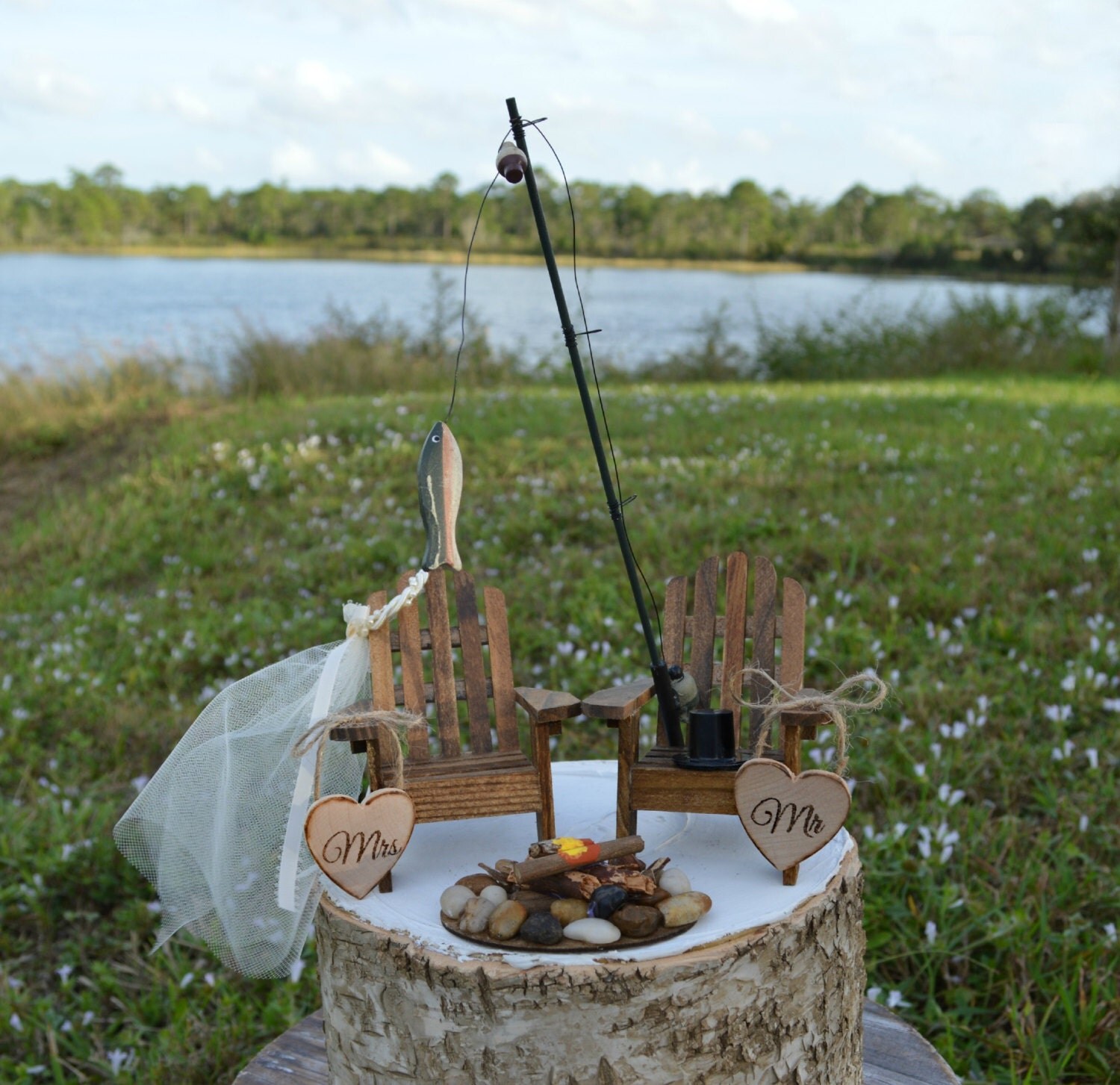 Fishing Lake House Cabin Themed Wedding Cake Topper Fishing