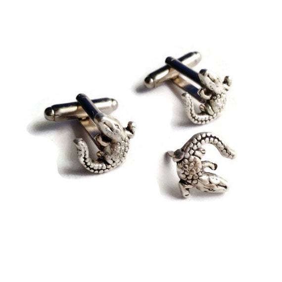 Silver Alligator Cufflinks & Tie Tack, Men's Handcrafted Crocodile