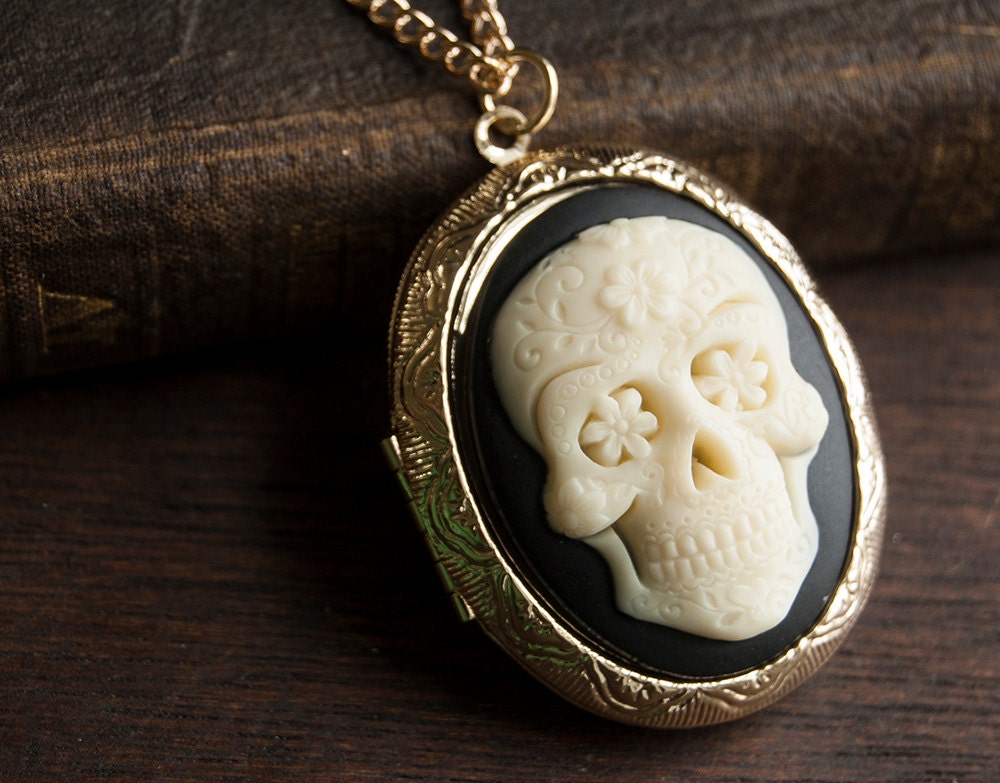 Sugar Skull Lip Balm Locket Necklace Victorian Gold or