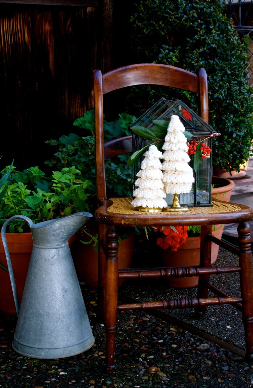 wool handmade crocheted Christmas trees in white