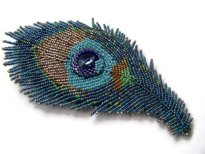 Reserved For Laura Peacock Feather Beaded Brooch Bead 1155