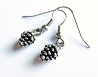 Tiny Silver Pine Cone Earrings, Woodland Forest Drop Earrings, Hypoallergenic, Surgical Stainless Steel Earrings, Gift for Her