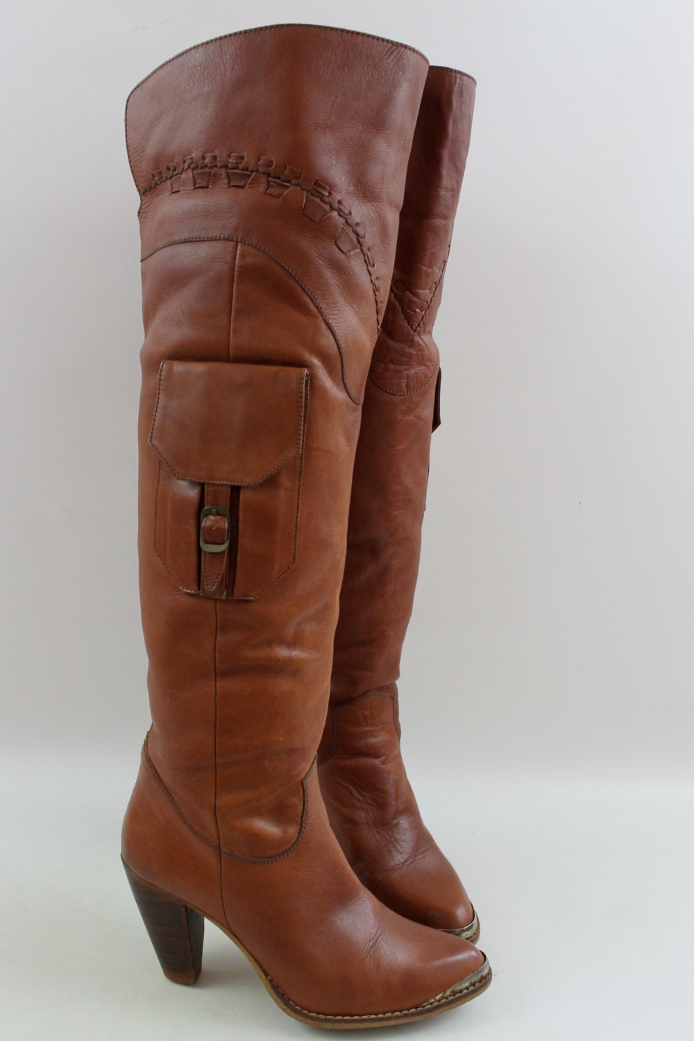 Vintage 70s Brown Leather OTK POCKET Thigh High Boots 7.5