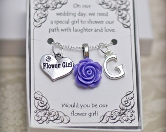 Personalized Flower Girl Necklace with Initial and Resin Rose Charm - FG05 - Choose Your Color -- Flower Girl Necklace -- Flower Girl Gift