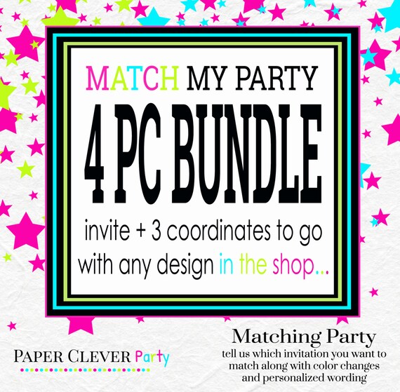 Matching party bundle -- 4 piece party package for baby shower, birthday, bridal shower -- invitation and 3 items (NO.21009) Il_570xn