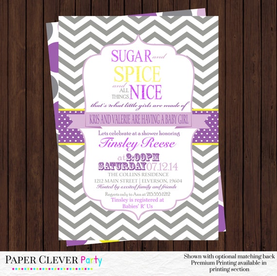 Girls baby shower invitations purple and yellow, gray chevron vintage sugar and spice digital file, printable Il_570xn