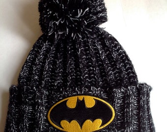 Batman Knit Hat Beanie Pom Pom Black Heather Knit Cuffed // SuzNews Etsy
