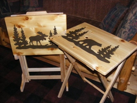 Set of Two Wood TV Tray tables and Rack Moose and Bear Hand