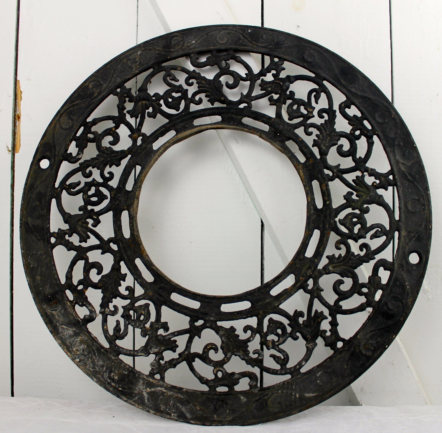 Antique Round CAST Iron Floor Grate Victorian Black Filagree