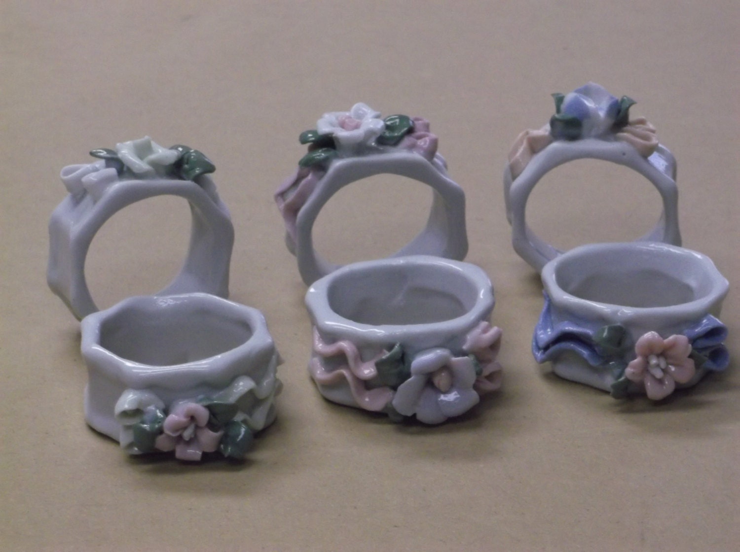 Vintage Porcelain Floral Napkin Holders Set of 6