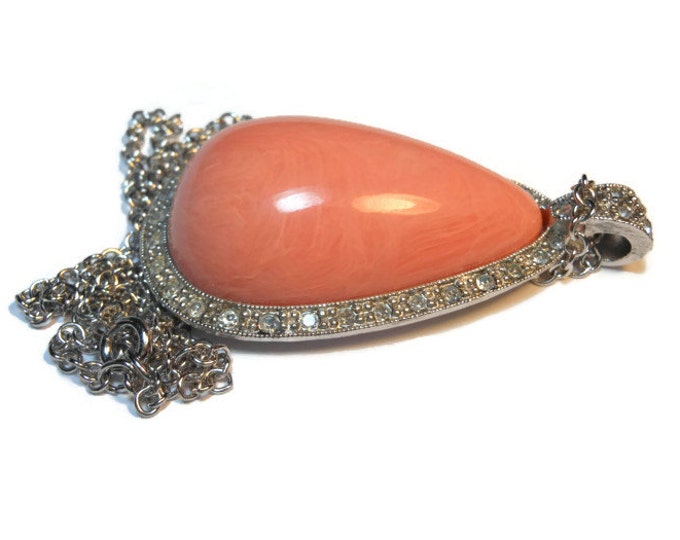 FREE SHIPPING Avon Pale Fire pendant from 1974 with coral peach marble colored tear drop cabochon with silver chain and rhinestone edging