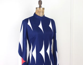 Vera Neumann - vintage 1970s navy blue shift dress with white and vermillion red MOD graphics - size 12, large