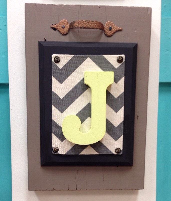 Wall Hanging Initial Letter J Wood Metal Fabric by PlumPatio