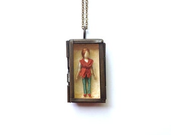 Nora - "Little Friend" Miniature Shadowbox Pendant - Worry Doll