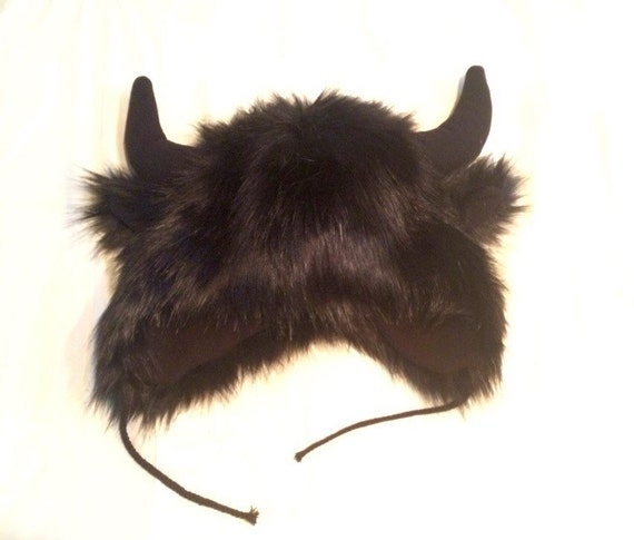 Giant Bison Buffalo Ox Animal Black Fur Hat with Horns by KelUhSee