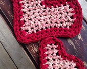 Prim Heart Crochet Set Cotton Washable Soft Handmade Table Topper Kitchen Primitive Red Valentine Homespun Candle Pad Mug Rug Mat