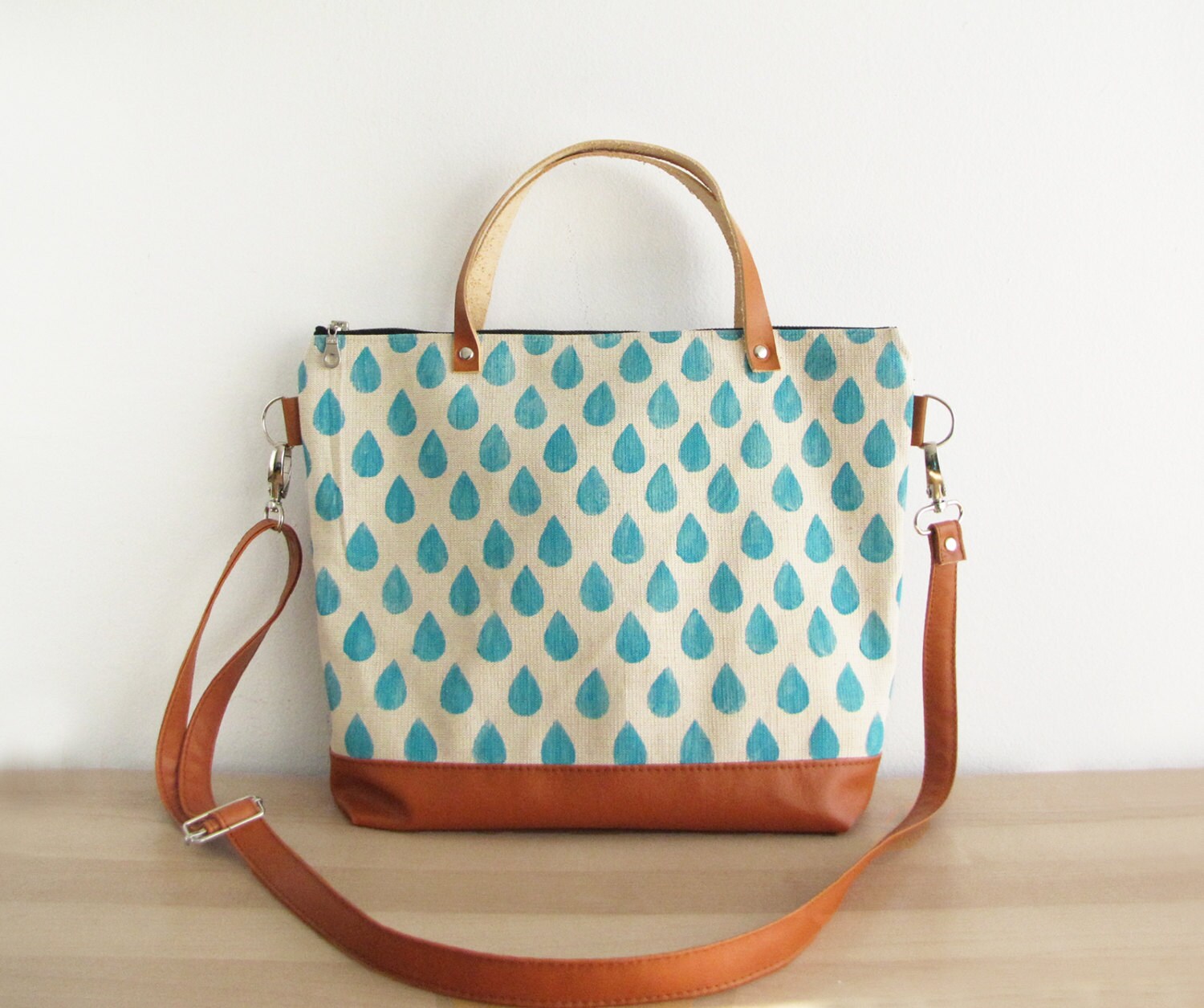 Crossbody bag Canvas and Leather Handbag Tote bag Handprinted