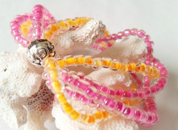 Multi Strand Pink and Orange Stretch Bracelet, Seed Bead, Stack Look, Cuff Bracelet