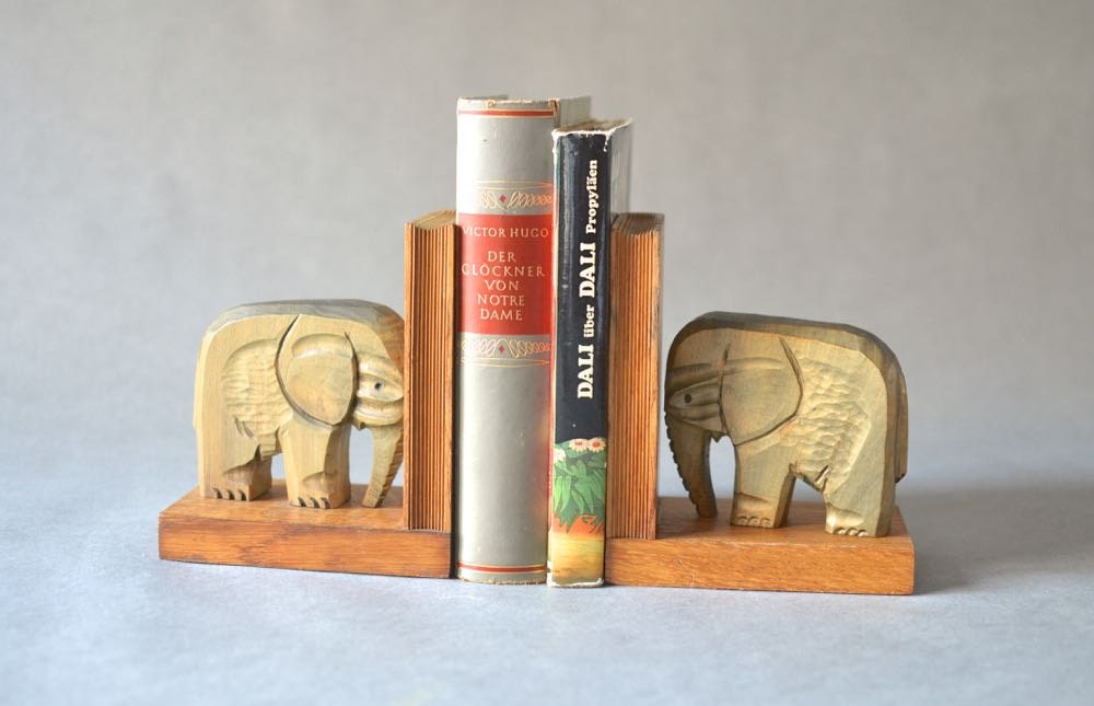 Vintage Elephant Bookends Book Ends Wooden Hand Carved Gdr East German 