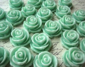 Mint Green Roses / 6 pcs 24mm Resin Rose Cabochons / Large Rose Flower Cabochon
