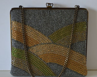 Silvery grey and gold beaded evening handbag,1970s vintage Japanese clutch purse