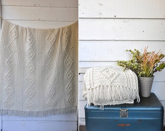 Fisherman Chunky WOOL Blanket Irish Hand Knit Blanket Ivory Fringes Bed Couch Sofa Throw Large Big L