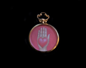 SALE-Sandra Hendler Original Hand Painted Miniature Heart In Hand-in Antique English 9 K Gold Locket