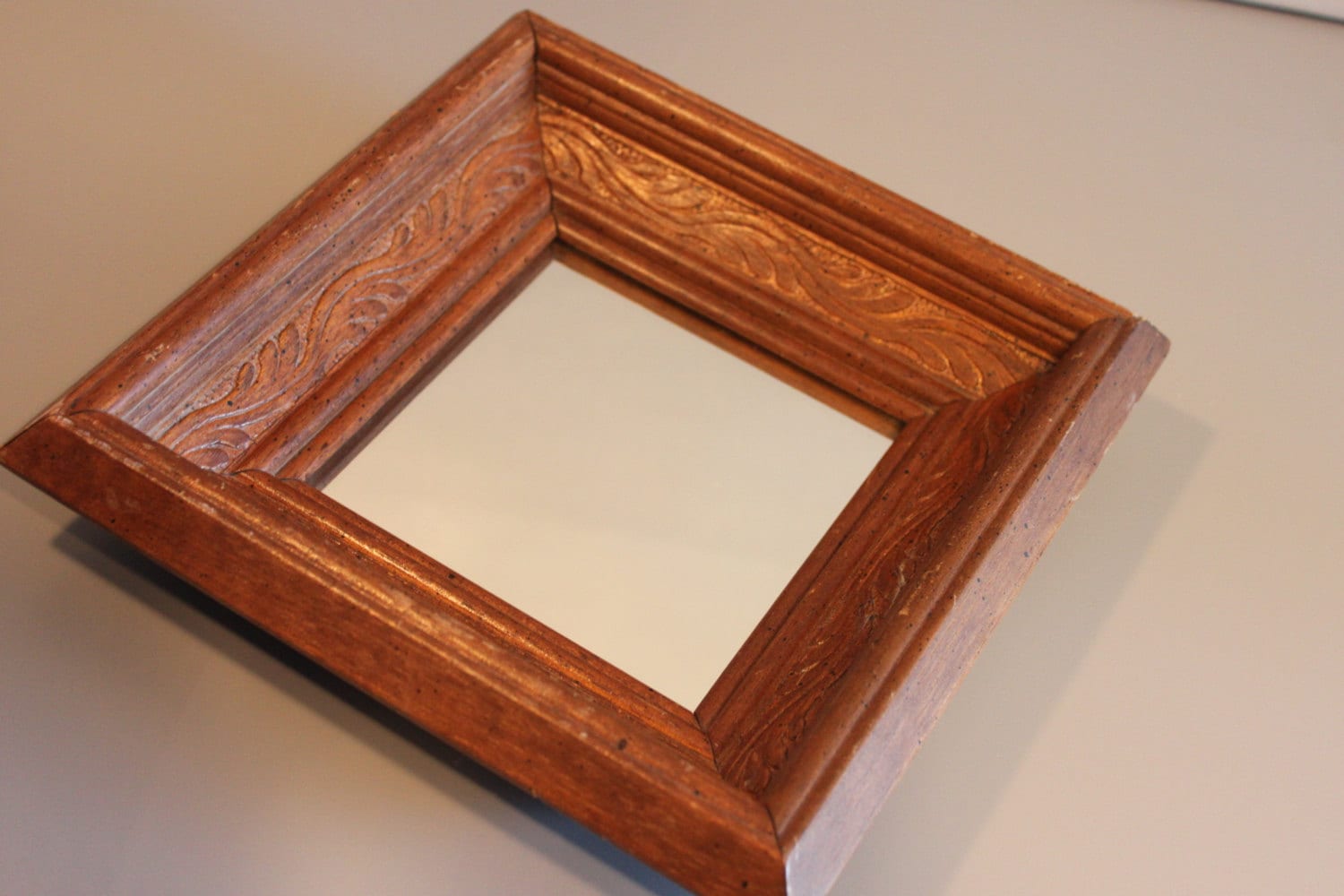 Small Square Rustic Carved Wood Mirror Framed by SpeckledChicken