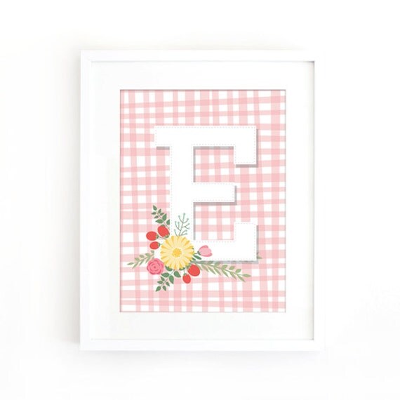 Letter E Pink Gingham Monogram Nursery Wall Decor, Printable Floral Monogram, Baby Shower Gift
