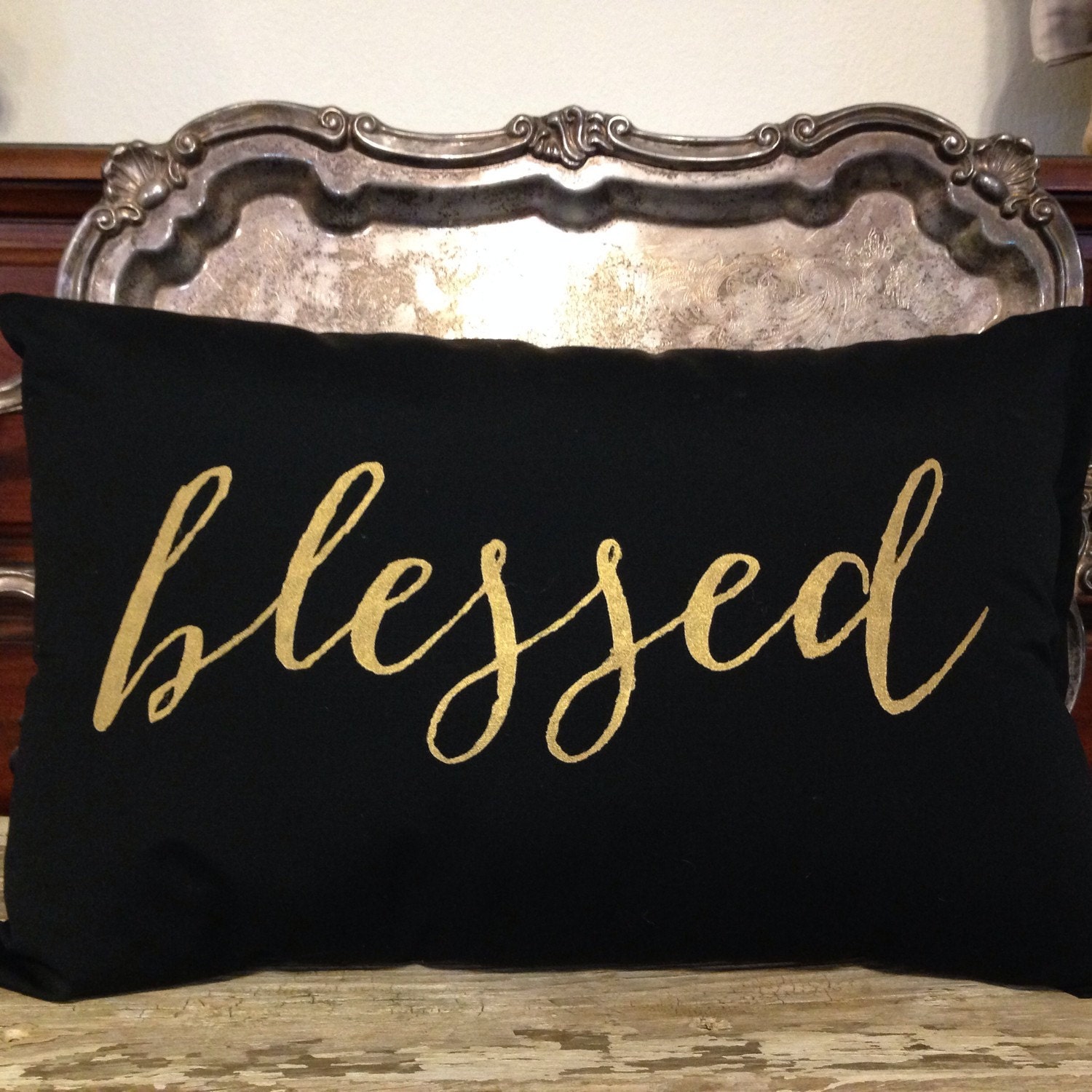 Blessed pillow black and gold pillow holiday by burlapheartstrings