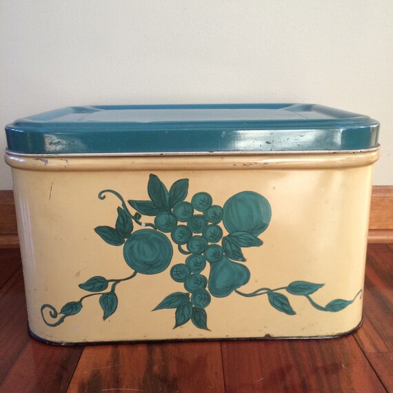 Vintage blue metal breadbox tin bread box