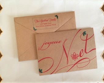 Joyeux Noel Fleur de Lis Greeting Cards with Decorative Return Address