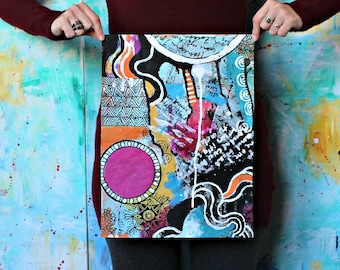 Anything you want - blue pink orange original mixed media painting funky doodle art acrylic collage art