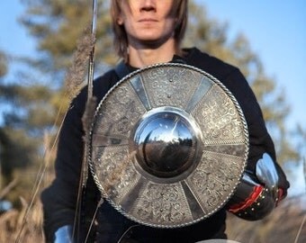 DISCOUNTED PRICE! Medieval Battle Etched Shield; Large Viking Shield; Stanless steel shield; Buckler Shield