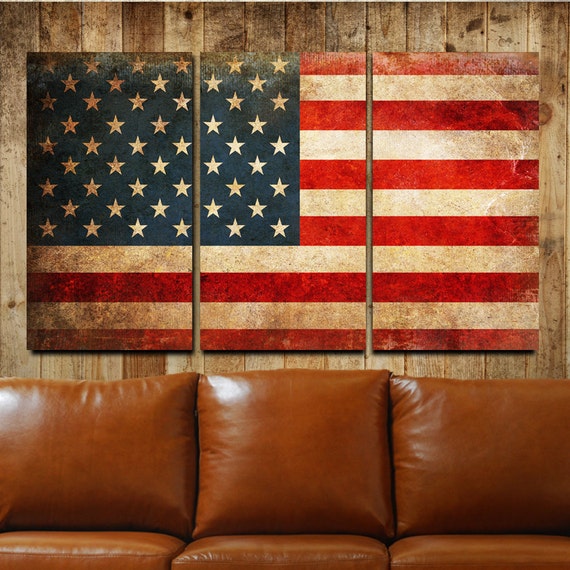 American Flag Rustic Canvas Gallery Wrapped Wall Art Triptych