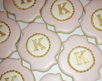 Elegant Pastel Pink, White and Gold Monogram Cookies - One Dozen Decorated Sugar Cookies