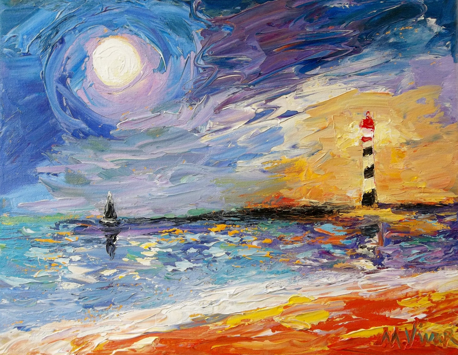 Abstract Impressionist Lighthouse Sail Boat Ocean Impasto