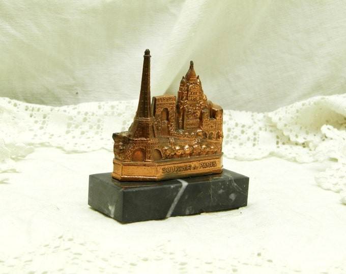 Small Vintage Souvenir Statuette of the Monuments of Paris with Eiffel Tower Arch de Triomphe, Monmartre and Notre Dame / French Decor