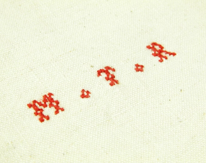 Excellent Condition Large Antique French Ecru Linen Tea Towel with Woven Red Stripes and 3 Small Red Cross Stitch Monogram M T R / Cottage Excellent Condition Large Antique French Ecru Linen Tea Towel with Woven Red Stripes and 3 Small Red Cross Stitch Monogram M T R / Cottage