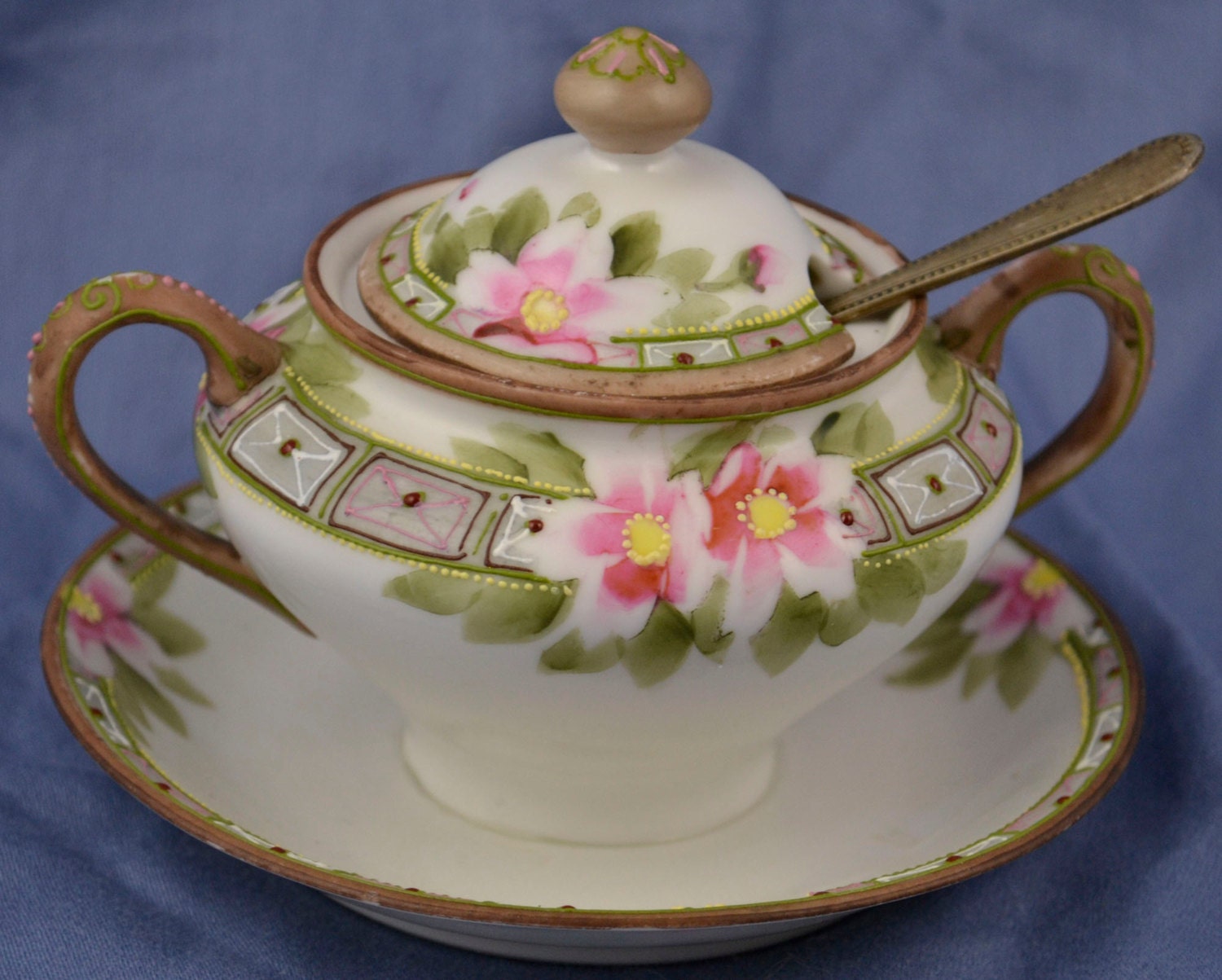 Vintage Hand Painted Mustard Condiment Jar, Sugar Bowl with Silver