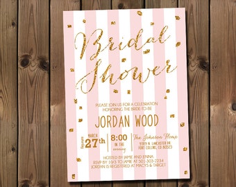 Glitter Bridal Shower Invitation Pink and Gold or Silver _1159B
