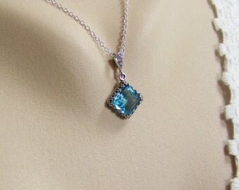Aquamarine Necklace, March Birthstone, Square Aquamarine, Faceted Glass Aquamarine, Bezel Set Aquamarine, Aquamarine Pendant,Pale Blue Stone