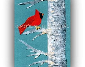 Cardinal art, Archival print, 5 x 7" Red cardinal in birch tree, Bird art, Acrylic painting print, Cardinal collage giclee, Cardinal decor