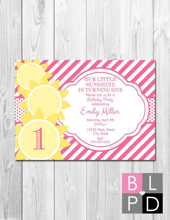 Our Little Sunshine Birthday Party Invitation - Stripes and Stacked Suns - Yellow and Pink - DIY - Printable Il_570xn
