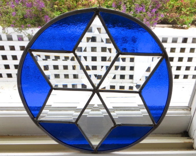 Vintage Suncatcher Star Cobalt Blue Beveled Glass Large Art Glass Piece Sunroom Porch