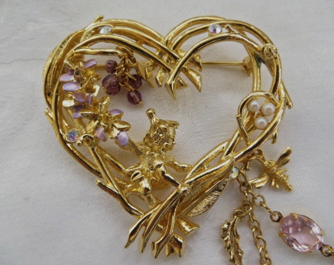 Kirks Folly Heart Brooch, Pixie Fairy Pin, Wisteria Angel, Fairy Jewelry