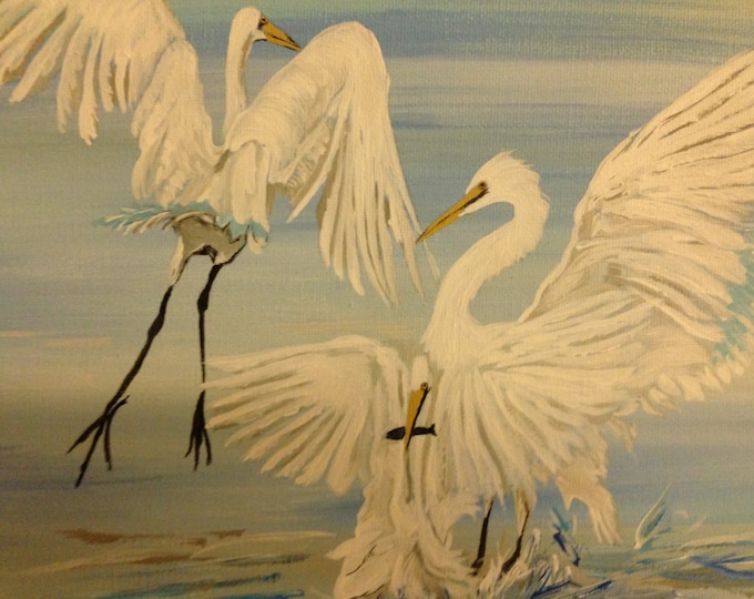 Egret Trio Painted in Acrylics, Frolicking in the Water